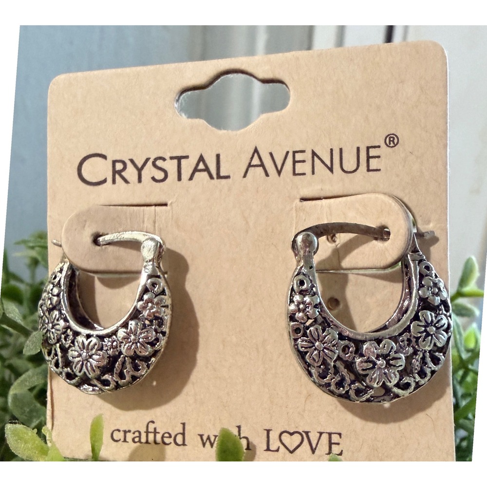 Crystal Avenue Floral Huggie Earrings Womens OS Silver Tone Filigree Boho Retro